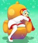  1girl aida_yoneka antennae blue_hair blush blush_stickers couch dress hat helmet hood long_sleeves looking_at_viewer milk-chan on_chair on_couch open_mouth oversized_clothes short_hair skirt solo super_milk-chan 