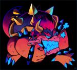  2boys :q =3 absurdres black_background black_eyes black_wrist_cuffs bowser bowser_jr. bracelet clenched_teeth closed_mouth english_commentary fang father_and_son furry furry_male high_ponytail highres horns jewelry leaning_forward looking_at_viewer male_child mario_(series) megadinkloid multiple_boys open_mouth red_eyes red_hair sharp_teeth sharp_toenails short_hair smile solid_circle_eyes spiked_bracelet spiked_shell spiked_tail spikes tail talons teeth thick_eyebrows toenails tongue tongue_out turtle_shell v-shaped_eyebrows v-shaped_eyes yellow_scales 
