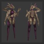  3d_(artwork) android antennae_(anatomy) anthro butt clothing digital_media_(artwork) dtstat female flat_chested hand_behind_head leotard low_poly machine multi_arm multi_limb pegleg purple_eyes raised_hand robot solo story story_in_description tan_body toothy_grin 