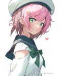  1girl beret blue_sailor_collar blush bow bowtie breasts clothing_cutout from_side green_bow green_bowtie green_eyes hair_ornament hairpin hat heart looking_at_viewer osu! pink_hair pippi_(osu!) sailor_collar short_hair shoulder_cutout simple_background sketch small_breasts solo tofumang twitter_username upper_body white_background white_headwear 