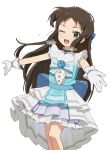  1girl :d blue_bow blue_bowtie blue_dress bow bowtie breath brooch brown_eyes brown_hair dot_nose double-parted_bangs dress feet_out_of_frame flat_chest forehead gloves hair_bow high-low_skirt highres idolmaster idolmaster_cinderella_girls idolmaster_cinderella_girls_u149 jewelry layered_dress legs_together long_hair looking_at_viewer one_eye_closed open_mouth outstretched_arms parted_bangs pleated_dress sidelocks simple_background sleeveless sleeveless_dress smile solo some1else45 straight_hair tachibana_arisu teeth upper_teeth_only white_background white_gloves 