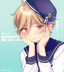  1boy blonde_hair blue_headwear blue_sailor_collar blush closed_mouth ensemble_stars! green_background hands_on_own_cheeks hands_on_own_face long_sleeves looking_down male_focus mashiro_tomoya musical_note orange_eyes rinndouk sailor_collar shirt solo sweatdrop translation_request white_shirt 