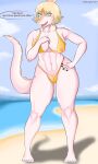  absurd_res aloy27 anthro beach big_breasts big_butt bikini breasts butt clothing dinosaur female goodbye_volcano_high hi_res humanoid naomi_(gvh) reptile scalie seaside solo swimwear thick_thighs 