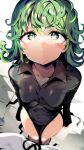  1girl aloe_(kenkou3733) black_dress breasts closed_mouth collarbone covered_navel dress green_eyes green_hair highres long_sleeves looking_up one-punch_man small_breasts solo tatsumaki thighs 