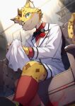  2023 anthro blood blood_on_hand bodily_fluids bottomwear clothing detailed_background felid footwear fur green_eyes hi_res inside leopard lifewonders looking_at_viewer male mammal ose_(tas) pantherine ponzu_tas shirt shorts sitting socks solo suit tail tokyo_afterschool_summoners topwear yellow_body yellow_fur 