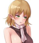  1girl black_shirt blonde_hair blush breasts commentary_request green_eyes koizumo looking_to_the_side medium_bangs medium_breasts mizuhashi_parsee open_mouth paid_reward_available pointy_ears scarf shirt short_hair simple_background sleeveless sleeveless_shirt solo touhou upper_body white_background white_scarf 
