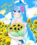  1girl aqua_(konosuba) blue_eyes blue_hair blue_sky blush bym_game25 cloud dress floral_background flower flower_on_head hair_between_eyes hair_flower hair_ornament hair_rings happy happy_birthday highres holding holding_flower kono_subarashii_sekai_ni_shukufuku_wo! light_smile long_hair looking_at_viewer single_hair_ring sky smile solo sunflower very_long_hair white_dress yellow_flower 