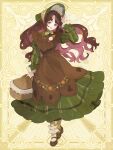  1girl adjusting_clothes adjusting_headwear basket bonnet brown_dress brown_eyes brown_hair chain_paradox colored_inner_hair dress floral_print full_body green_dress green_headwear hand_up highres holding holding_basket long_hair long_sleeves mary_janes multicolored_hair nanamori_minoru oooita picnic_basket pink_hair puffy_long_sleeves puffy_sleeves shoes smile socks solo standing two-tone_hair white_socks yellow_background 