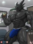  5_fingers abs absurd_res anthro biceps black_body bulge claws clothed clothing dragon fingers hi_res holding_object holding_smoking_pipe horn jockstrap jockstrap_only male masterelrest muscular muscular_anthro muscular_male pecs smoking_pipe solo topless underwear underwear_only 