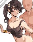  1boy 1girl :&lt; ahoge araragi_karen arm_grab armpits ass bare_shoulders black_hair black_tank_top blush bottomless breasts brown_eyes cleavage collarbone commentary completely_nude egg_hair_ornament food-themed_hair_ornament fried_egg groin hair_between_eyes hair_ornament hair_strand hand_on_wall hands_on_another&#039;s_arm hetero long_hair looking_back medium_breasts midriff monogatari_(series) nari_(nari149528) navel nude out-of-frame_censoring parted_lips raised_eyebrows sex sex_from_behind side_ponytail simple_background sweat sweatdrop tank_top white_background wristband 