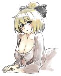  1girl ass black_bow blonde_hair bow breasts brown_dress brown_eyes cleavage commentary dress ginnkei hair_bow highres kurodani_yamame large_breasts looking_at_viewer lying on_stomach open_mouth simple_background solo touhou white_background 