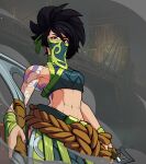  abs akali bad_link black_hair dragon_tattoo green_mask kilianjunk league_of_legends mask mouth_mask navel print_mask sickle tattoo 