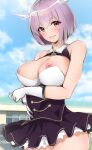  1girl bare_arms black_dress blue_sky blush breasts building cloud collared_dress commentary_request day dermar dress gloves gridman_universe gridman_universe_(film) hair_between_eyes highres looking_at_viewer medium_breasts nipples open_mouth outdoors purple_hair red_eyes school shinjou_akane short_hair simple_background sky smile solo ssss.gridman standing white_background white_gloves window 