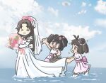  3girls :3 alternate_costume antenna_hair black_hair blue_sky bouquet bridal_veil brown_eyes brown_hair cloud day double_bun dress ferret-san hair_bun hair_intakes half_updo jintsuu_(kancolle) kantai_collection long_hair multiple_girls naka_(kancolle) outdoors sendai_(kancolle) sky veil water wedding_dress white_dress 