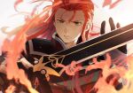  1boy asch_(tales) black_gloves black_jacket commentary_request embers fire gloves green_eyes hair_pulled_back hands_up high_collar highres holding holding_sword holding_weapon jacket long_hair long_sleeves looking_at_viewer male_focus meba open_hand parted_lips red_hair serious shoulder_pads sidelocks solo sword tabard tales_of_(series) tales_of_the_abyss upper_body weapon 