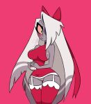  big_breasts bow_ribbon breasts clothed clothing curvaceous curvy_figure demon female genitals grey_body grey_skin hair hair_over_eye hazbin_hotel hi_res humanoid long_hair no_underwear one_eye_obstructed pixelz pussy small_waist solo thick_thighs vaggie_(hazbin_hotel) voluptuous 