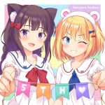  2girls :d animal_ear_fluff animal_ears anniversary bear_ears black_hair blonde_hair blue_bow blue_eyes blush bow breasts cat_ears collarbone collared_dress commentary_request dress fake_animal_ears frilled_sleeves frills grin hair_between_eyes hair_bow hairband heart holding kaiware-san medium_breasts multicolored_background multiple_girls original puffy_short_sleeves puffy_sleeves purple_eyes red_bow short_sleeves smile string_of_flags white_dress white_hairband 