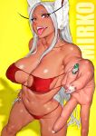  1girl absurdres animal_ears b_0_rukia bikini boku_no_hero_academia breasts character_name cleavage collarbone dark-skinned_female dark_skin eyepatch_bikini fake_nails hand_on_own_hip highres large_breasts long_eyelashes long_hair looking_at_viewer mirko multicolored_nails navel parted_bangs rabbit_ears rabbit_girl rabbit_tail red_bikini red_eyes shadow smile solo stomach strapless strapless_bikini swimsuit tail teeth thighs toned tongue tongue_out upper_teeth_only v very_long_hair white_hair yellow_background 