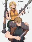  1boy 1girl ashley_graham blonde_hair brown_hair carrying carrying_person dual_wielding highres holding holding_knife knife leon_s._kennedy lifting_person pantyhose resident_evil resident_evil_4 rocket_launcher rpg sleeveless sleeveless_turtleneck torn_clothes torn_pantyhose turtleneck weapon yoracrab 