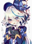  1girl absurdres ascot asymmetrical_gloves black_ascot black_gloves blue_bow blue_coat blue_eyes blue_hair blue_headwear blush bow coat commentary_request crying furina_(genshin_impact) genshin_impact gloves hands_up hat hat_bow heterochromia highres long_hair long_sleeves looking_at_viewer mamono03 mismatched_gloves multicolored_hair open_mouth simple_background solo streaked_hair top_hat translated very_long_hair white_background white_gloves white_hair 