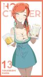  1girl absurdres beer_mug braid breasts character_name cleavage closed_eyes cup daydarion dress earrings english_commentary feather_earrings feathers green_dress grin highres holding holding_cup hololive hololive_english jewelry kfp_employee_(takanashi_kiara) large_breasts mug orange_hair smile solo takanashi_kiara takanashi_kiara_(5th_costume) virtual_youtuber 