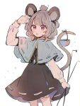  1girl animal animal_ears black_dress blush_stickers capelet commentary dowsing_rod dress feet_out_of_frame grey_capelet grey_hair highres holding jewelry long_sleeves mouse mouse_ears mouse_tail mozukuzu_(manukedori) nazrin open_mouth pendant red_eyes short_hair simple_background solo tail touhou white_background 