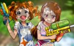  2girls akizuki_ritchan bikini blue_one-piece_swimsuit blurry blurry_background breasts brown_hair collarbone commentary_request day dot_nose green_eyes hair_between_eyes hairband hand_up highres holding holding_water_gun idolmaster idolmaster_(classic) long_hair looking_at_viewer medium_hair minase_iori multiple_girls name_tag one-piece_swimsuit open_mouth orange_hair outdoors pink_bikini pink_eyes pink_hairband print_shirt school_swimsuit shirt short_sleeves sidelocks small_breasts smile swimsuit swimsuit_under_clothes takatsuki_yayoi twintails upper_body v-shaped_eyebrows water_gun wet wet_clothes wet_hair wet_shirt white_shirt 