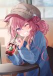  1girl absurdres animal_ears cabbie_hat casual cup disposable_cup drinking_straw grin hakui_koyori hat highres hololive iced_coffee lllconfidential long_hair one_eye_closed pink_hair purple_eyes smile table virtual_youtuber 