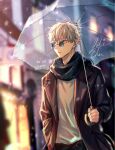  1boy artist_name black_scarf blue_eyes blurry blurry_background brown_coat building closed_mouth coat colored_eyelashes commentary english_commentary expressionless gojou_satoru hair_between_eyes hand_in_pocket hand_up highres holding holding_umbrella jujutsu_kaisen lapels long_sleeves male_focus night open_clothes open_coat outdoors round_eyewear scarf shirt short_hair signature solo standing sunglasses transparent transparent_umbrella umbrella white_hair white_shirt window yulicechan 