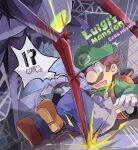  !? 1boy 1other blue_eyes blue_overalls brown_footwear brown_hair bug crying crying_with_eyes_open facial_hair gloves green_headwear green_shirt hat kayako_(bimabima) luigi luigi&#039;s_mansion:_dark_moon mario_(series) mustache overalls shirt spider tears white_gloves 