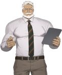  1boy bara beard blue_eyes brown_pants dark-skinned_male dark_skin facial_hair highres holding holding_pen jp_(street_fighter) large_pectorals long_hair male_focus mature_male muscular muscular_male mustache necktie old old_man pants pectorals pen sa1k0p shirt solo street_fighter street_fighter_6 thick_eyebrows thick_mustache white_background white_hair white_shirt 