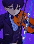  0tz026 1boy black_bow black_bowtie black_eyes black_hair bow bow_(music) bowtie closed_mouth copyright_name expressionless holding holding_instrument holding_violin instrument long_sleeves male_focus music omori playing_instrument short_hair solo spoilers sprout_mole sunny_(omori) 