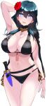  1girl :d absurdres arm_up armpits belt bikini black_belt black_bikini black_cape blue_eyes blue_hair breasts byleth_(female)_(fire_emblem) byleth_(female)_(summer)_(fire_emblem) byleth_(fire_emblem) cape cleavage commentary_request cowboy_shot dagger fire_emblem fire_emblem:_three_houses fire_emblem_heroes flower groin hair_between_eyes hair_flower hair_ornament hibiscus highres knife large_breasts long_hair looking_at_viewer lower_teeth_only navel official_alternate_costume open_mouth red_flower sheath sheathed simple_background single_bare_shoulder smile solo standing stomach swimsuit tassel teeth tetsuji_(i_ttj_f_c) thigh_gap weapon white_background wristband 