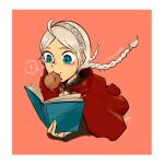  ahoge birdkars blue_eyes book braid bread capelet fire_emblem fire_emblem_fates fire_emblem_heroes food food_in_mouth hairband highres holding holding_book hood hood_down hooded_capelet low_twin_braids low_twintails nina_(fire_emblem) parted_bangs reading red_capelet twin_braids twintails 