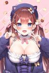  ayamy ayamy_(vtuber) black_choker blue_eyes blunt_bangs blush breasts brown_hair cat_hair_ornament choker cleavage detached_collar dress fang frilled_dress frills hair_ornament hands_up highres indie_virtual_youtuber large_breasts long_hair looking_at_viewer official_art open_mouth skin_fang smile straight-on tongue twintails underbust upper_body v virtual_youtuber x_hair_ornament 