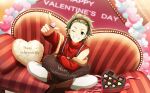  1boy candy chocolate couch crossed_legs food green_eyes green_hair hairband happy_valentine heart heart-shaped_chocolate highres idolmaster idolmaster_side-m idolmaster_side-m_live_on_stage! mitarai_shouta official_art on_couch one_eye_closed smile solo teeth 