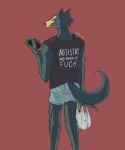  2023 anthro autism beastars bottomwear canid canine canis cellphone clothed clothing fur grey_body grey_fur hi_res humor legoshi_(beastars) male mammal phone profanity rakuno rear_view red_background shirt shopping_bag shorts simple_background solo standing t-shirt text topwear wolf 