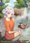  1girl book breasts company_name copyright_name day drink drinking_straw eating egg egg_(food) feet_out_of_frame fence flower food from_side hair_bun hair_flower hair_ornament hairclip holding holding_book holding_egg jar large_breasts long_hair looking_at_viewer looking_to_the_side manga_(object) official_art onsen open_book orange_shirt orange_shorts pink_eyes pink_hair qurare_magic_library rainbow rock rwael shirt short_shorts short_sleeves shorts single_hair_bun sitting soaking_feet steam swept_bangs t-shirt towel towel_on_head tray tree water wooden_fence 