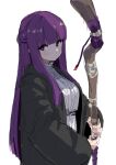  1girl absurdres blunt_bangs breasts fern_(sousou_no_frieren) highres holding holding_staff long_hair looking_at_viewer ocha_(popopogg) purple_eyes purple_hair robe simple_background solo sousou_no_frieren staff white_background 