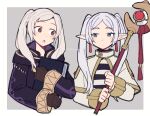  2girls book brown_eyes brown_gloves coat crossover do_m_kaeru earrings fire_emblem fire_emblem_awakening frieren gloves green_eyes holding holding_book holding_staff hood hooded_coat jewelry multiple_girls pointy_ears purple_coat robin_(female)_(fire_emblem) robin_(fire_emblem) sousou_no_frieren staff tassel tassel_earrings twintails upper_body white_hair 