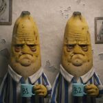  2others absurdres b1_(bananas_in_pyjamas) b2_(bananas_in_pyjamas) bananas_in_pyjamas blue_pajamas cigarette cup highres holding holding_cup indoors looking_at_viewer multiple_others pajamas smoking striped striped_pajamas vertical_stripes yanblanco 