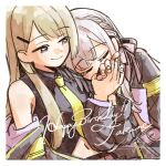  2girls arm_at_side armband artist_name assault_lily bare_shoulders belt belt_buckle black_jacket black_shirt blonde_hair border braid buckle character_name closed_eyes closed_mouth collared_shirt commentary covered_mouth crop_top grey_hair hair_behind_ear hair_ornament hair_ribbon hairclip hand_up happy_birthday head_on_another&#039;s_shoulder head_rest highres holding_hands jacket komuzuka kon_kanaho long_sleeves midriff miyagawa_takane multiple_girls navel necktie o-ring o-ring_belt off_shoulder official_alternate_costume open_clothes open_jacket pink_belt pink_ribbon purple_eyes ribbon shirt side-by-side side_braid simple_background sitting sleeveless sleeveless_shirt smile stomach upper_body white_background white_border yellow_necktie yuri 