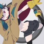  1girl black_hair black_shorts black_thighhighs boots brown_cloak cloak deerstalker gloves grey_background hair_between_eyes hat hijiriido_miyo id_:invaded looking_at_viewer midriff nanaichi open_mouth red_eyes short_hair shorts simple_background solo thighhighs yellow_gloves 