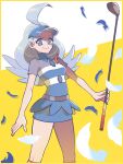  1girl ahoge blue_eyes blue_hair breasts commentary_request feathers golf_club holding holding_golf_club kahili_(pokemon) looking_at_viewer mayuzumi miniskirt mole mole_under_eye pokemon pokemon_(game) pokemon_sm shirt skirt smile solo standing two-tone_background visor_cap white_background yellow_background 