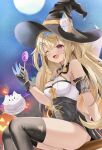  absurdres animal_ears bare_shoulders black_gloves black_thighhighs blonde_hair breasts candy fang food fuwawa_abyssgard gloves hat highres hololive jack-o&#039;-lantern lollipop long_hair one_eye_closed pink_eyes ribbon skin_fang thighhighs uneti_1 witch_hat yellow_ribbon 