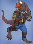  arix_crim armor backpack barefoot bethesda_softworks bracelet bracers clothed clothing cosplay eye_scar facial_scar fallout feather_hair feathers feet grey_body grey_scales hi_res horn horn_jewelry horn_ring jewelry jumpsuit kobold orange_eyes orange_feather_hair pip-boy pseudo_hair red_body red_scales reptile ring_(jewelry) scales scalie scar starwolfskin tail zgf_art zgf_gaming 