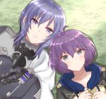  1boy 1girl bernadetta_von_varley black_jacket cape commentary_request fire_emblem fire_emblem:_three_houses garreg_mach_monastery_uniform grass grey_eyes grey_jacket hair_between_eyes highres jacket konoka624 lying on_back purple_eyes purple_hair short_hair upper_body white_cape yuri_leclerc 