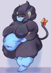 2023 anthro areola belly big_breasts black_body black_fur black_hair black_nose blue_areola blue_body blue_fur blue_nipples breasts butt felid feline female fur generation_4_pokemon hair hand_on_stomach hi_res homemosaco luxray mammal navel nintendo nipples nude obese obese_anthro obese_female overweight overweight_anthro overweight_female pokemon pokemon_(species) red_sclera solo tongue tongue_out 