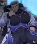  1boy absurdres alternate_pectoral_size bara beard black_bodysuit blush bodysuit brown_hair bulge coat covered_nipples facial_hair graysheartart highres huge_pectorals lab_coat looking_at_viewer male_focus mature_male muscular muscular_male open_clothes open_coat pokemon pokemon_(game) pokemon_sv purple_bodysuit seductive_smile short_hair sitting smile solo thick_eyebrows thick_thighs thighs turo_(pokemon) undercut 