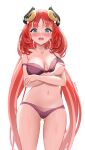  1girl absurdres bare_shoulders blush breasts cleavage collarbone commentary dokimaru embarrassed fake_horns genshin_impact green_eyes highres horns large_breasts long_hair looking_at_viewer navel nilou_(genshin_impact) open_mouth red_hair solo thighs underwear 